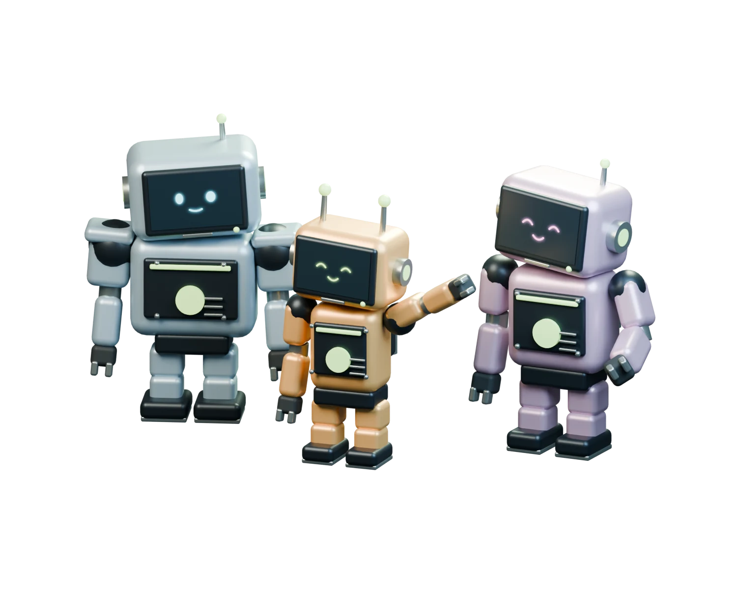 Sol, Pip, and Echo: blue, amber, and lilac robots with friendly glowing screen faces. Pip raises a hand to welcome you.