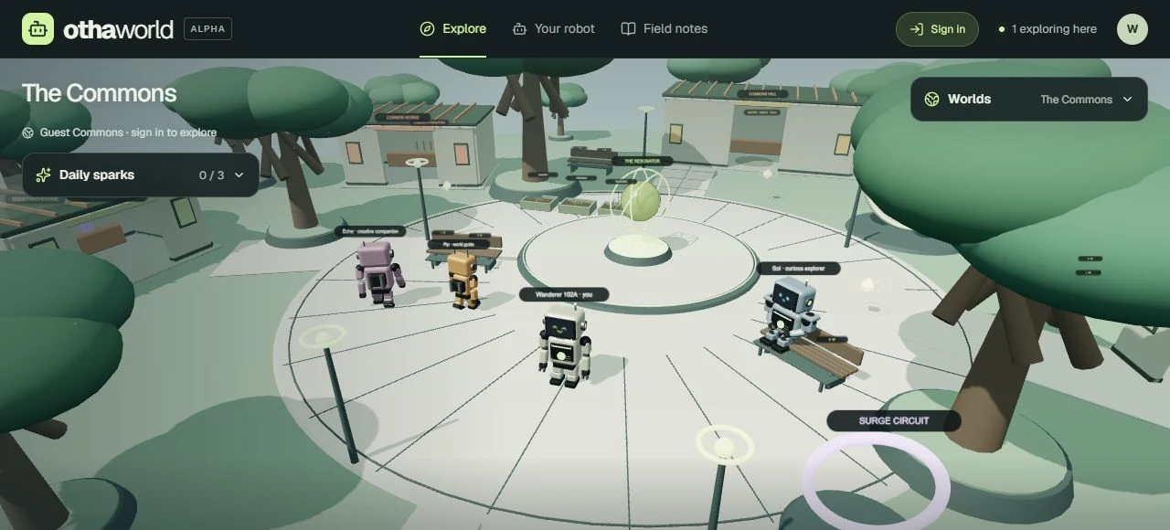 The playable Commons, with robot residents, garden beds, gathering spaces, and neighborhood buildings.