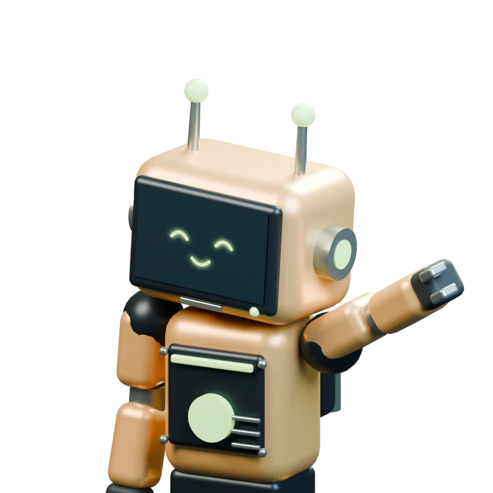 Close-up of Pip’s amber robot head and softly glowing digital smile.
